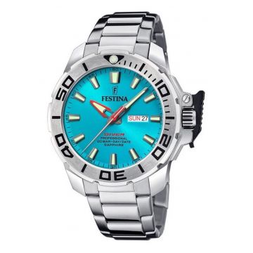 Ceas barbatesc  Diver - cadran turcoaz - curea din otel inoxidabil - 200m rezistenta la apa - cu curea suplimentara - 46x13mm