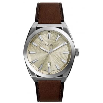 Ceas  Quartz - Analog - Cadran Bej - Curea Piele Maro - 5 ATM