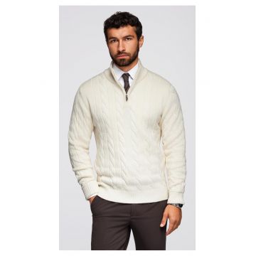 Pulover tricotat cu guler inalt si fermoar  OM-SWZS-0138 - Alb crem