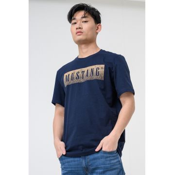Tricou cu decolteu la baza gatului si imprimeu logo Austin - Albastru paun