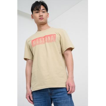 Tricou cu decolteu la baza gatului si imprimeu logo Austin - Bej inchis