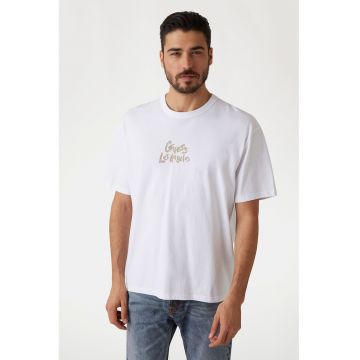Tricou cu decolteu la baza gatului si imprimeu pe spate - Maro nisip/Alb optic