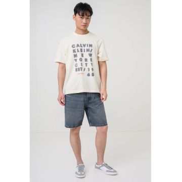 Tricou de bumbac cu imprimeu logo - Bej deschis/Bleumarin