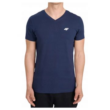 Tricou din bumbac cu decolteu in V si detaliu logo