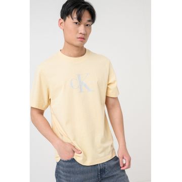 Tricou din bumbac cu imprimeu logo - Galben deschis/Gri cenusiu