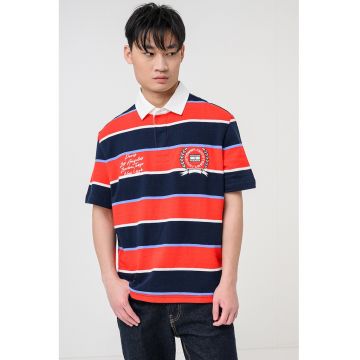 Tricou polo cu model in dungi si broderie logo - Rosu/Albastru ultramarin