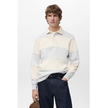 Bluza de trening cu guler polo si dungi - Gri deschis melange/Bej deschis