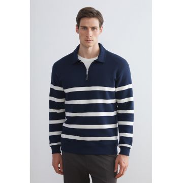 Bluza de trening cu model in dungi si decolteu cu fermoar scurt - Alb/Bleumarin