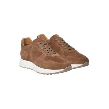 Pantofi sport de piele intoarsa cu garnituri de piele - Maro