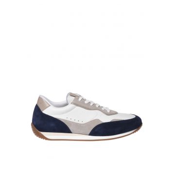 Pantofi sport de piele si piele intoarsa cu varf rotund - Albastru