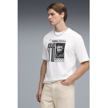 Tricou cu decolteu la baza gatului si imprimeu foto si logo - Alb/Negru