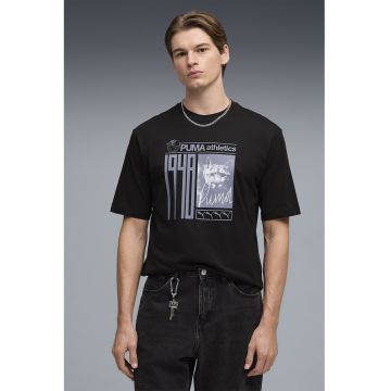 Tricou cu decolteu la baza gatului si imprimeu foto si logo