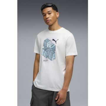 Tricou cu decolteu la baza gatului si imprimeu logo - Alb/Negru/Albastru deschis