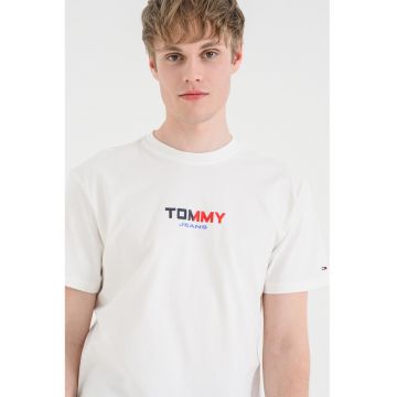Tricou cu decolteu la baza gatului si imprimeu logo - Crem