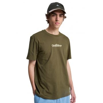 Tricou cu imprimeu logo si decolteu la baza gatului Fineline - Verde masliniu
