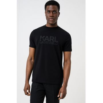 Tricou cu imprimeu logo si decolteu la baza gatului - Negru stins