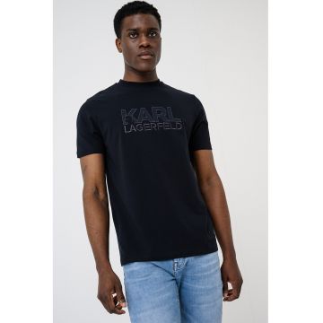 Tricou cu imprimeu logo si decolteu la baza gatului - Negru