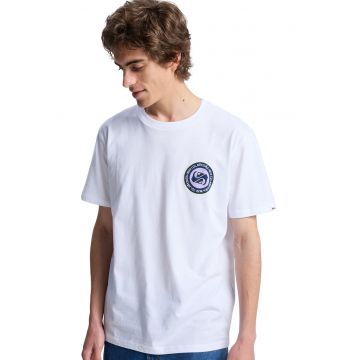 Tricou cu imprimeu si decolteu la baza gatului - Alb/Lila/Bleumarin