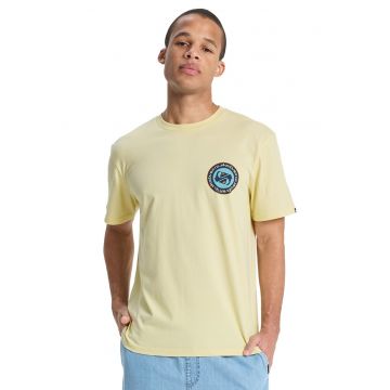 Tricou cu imprimeu si decolteu la baza gatului - Galben pai/Albastru