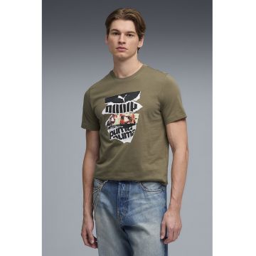 Tricou cu logo si imprimeu foto - Alb/Kaki inchis
