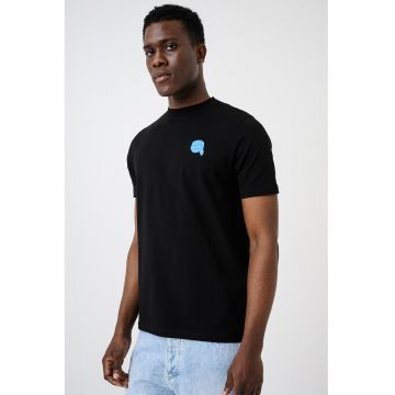 Tricou de bumbac cu aplicatie logo discreta - Albastru pastel/Negru