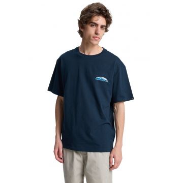 Tricou de bumbac cu decolteu la baza gatului - Alb/Bleumarin