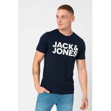 Tricou de bumbac organic cu detaliu cu imprimeu logo cauciucat - Bleumarin