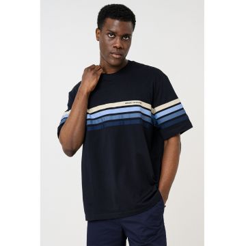 Tricou din bumbac cu decolteu la baza gatului - Negru/Albastru inchis/Bej deschis