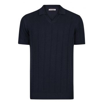 Tricou polo din bumbac cu aspect tricotat - Bleumarin