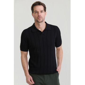 Tricou polo din bumbac cu aspect tricotat - Negru