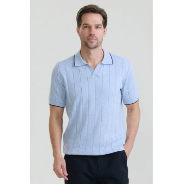 Tricou polo din bumbac cu striatii - Albastru deschis