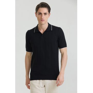 Tricou polo din bumbac cu striatii - Negru