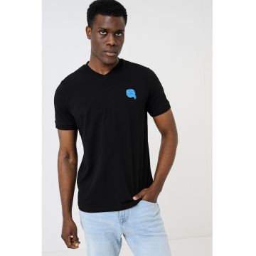 Tricou slim fit cu decolteu in V - Albastru pastel/Negru