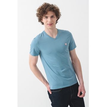 Tricou slim fit cu decolteu in V - Albastru prafuit
