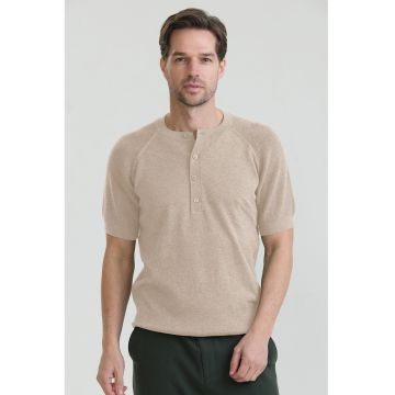 Tricou slim-fit cu guler henley - Bej inchis
