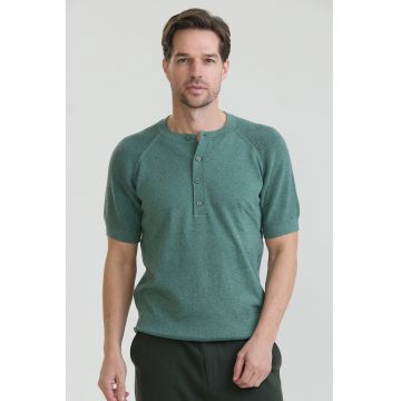 Tricou slim-fit cu guler henley - Verde persan