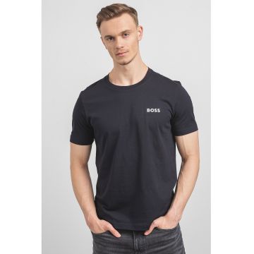 Tricou din bumbac cu decolteu rotund si logo discret - Albastru ultramarin