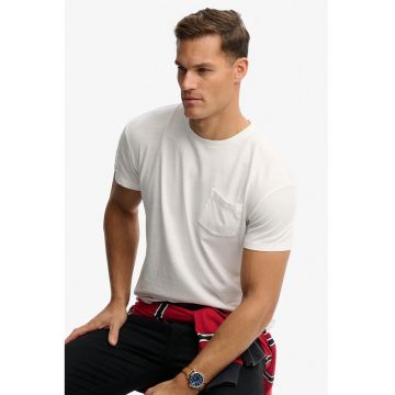 Tricou din bumbac si in cu model uni si buzunar aplicat - Alb