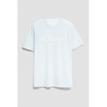 Tricou cu imprimeu logo si decolteu la baza gatului - Albastru deschis