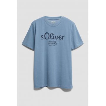 Tricou cu imprimeu logo si decolteu la baza gatului - Albastru prafuit