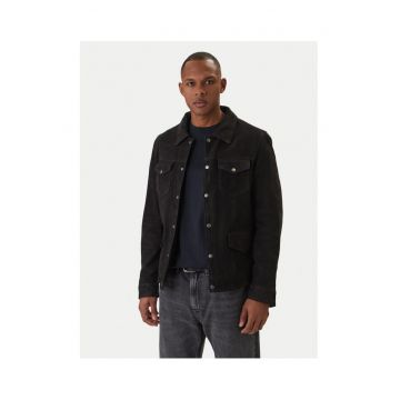 Geaca de piele barbati -  piele intoarsa - slim fit - negru - 100% bumbac