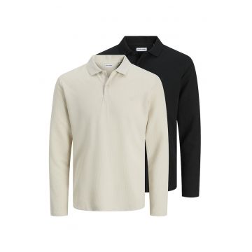 Set de bluze cu model uni si guler polo - 2 piese - Negru/Maro nisip