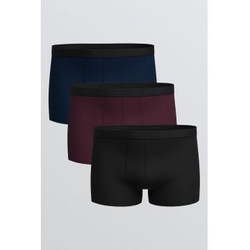 Set de boxeri cu banda contrastanta in talie - 3 perechi - Negru/Albastru ultramarin/Violet pruna