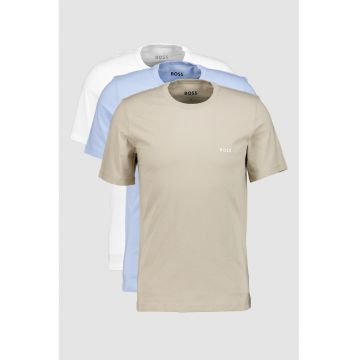 Set de tricouri regular fit de casa cu decolteu la baza gatului - 3 piese - Alb/Maro taupe/Albastru pal