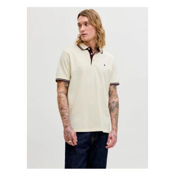 Tricou polo barbati - Slim fit cu guler contrast - Crem -