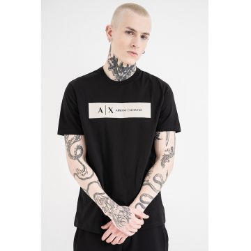 Tricou regular fit de bumbac cu logo contrastant - Negru/Alb murdar
