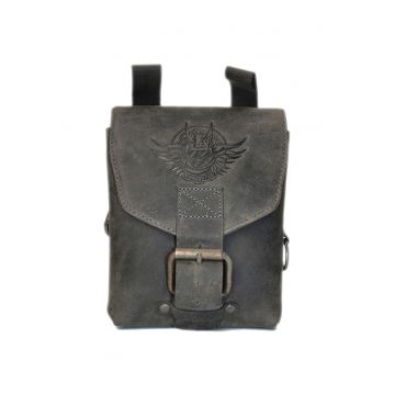 Borseta barbati piele naturala gri carbune 15 x 19 x 8 cm - Vintage Biker -  Gri carbune