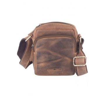 Geanta umar barbati piele naturala maro antichizat 16 x 19 cm - Vintage -