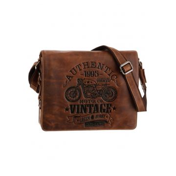 Geanta umar barbati piele naturala maro antichizat 34 x 28 cm - Cafe Racer -  Maro antichizat