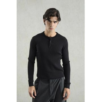 Bluza barbati -  Slim Fit - cu guler rotund - negru - bumbac -